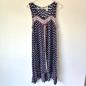 Sundance Aztec Star Print Embroidered Dress High Low Blue Sleeveless Flowy